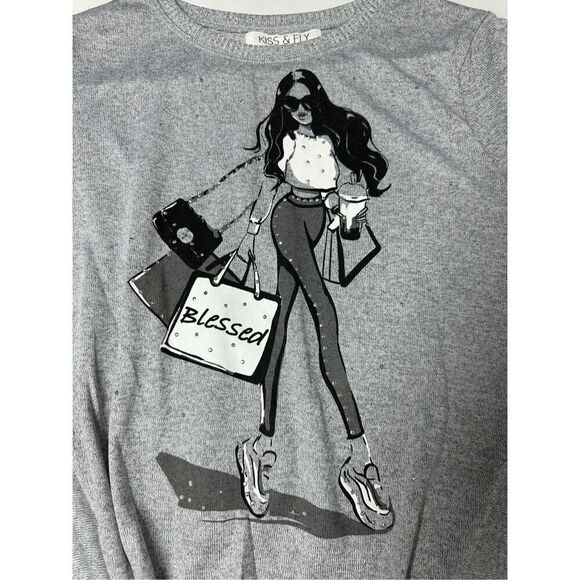 Kiss & Fly Bohemian Rhinestone Trim Women’s Sweater 3/4 Sleeve Gray Black Sz PL - Picture 6 of 11